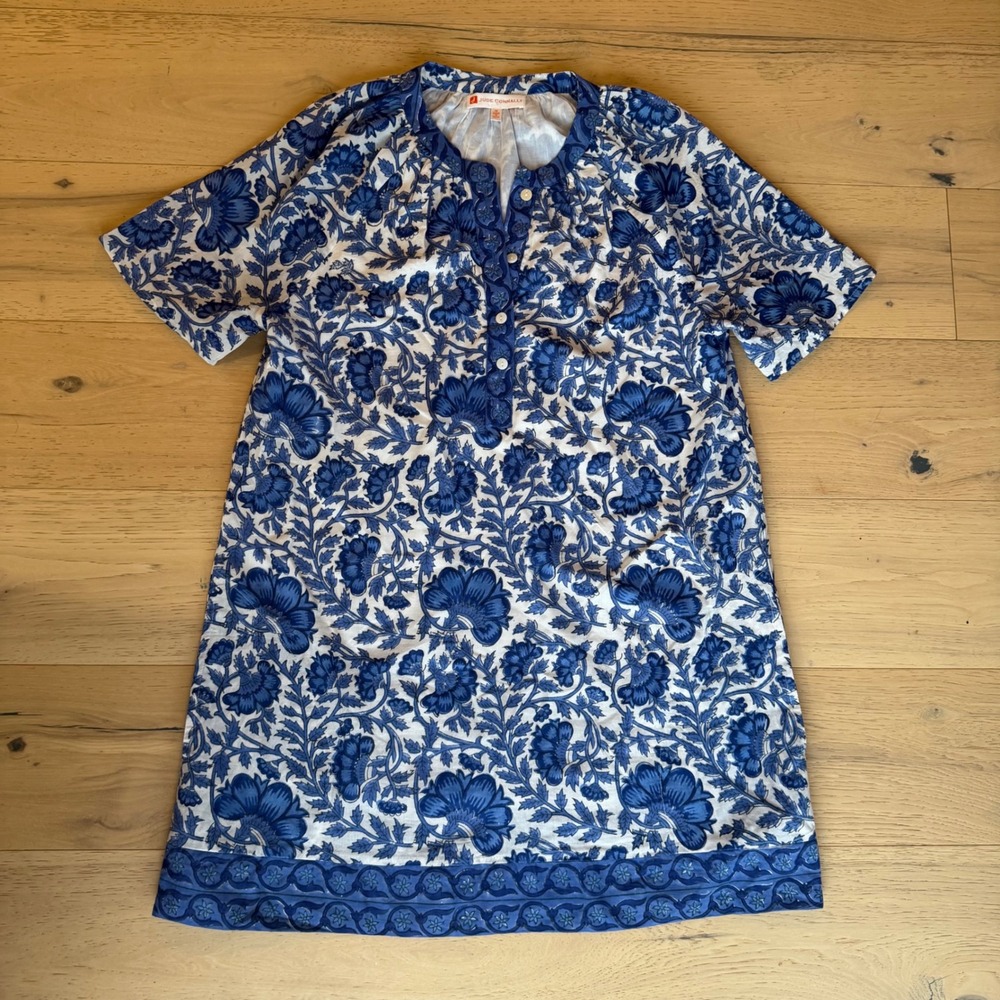 Jude Connally Blue White Floral Block Print Shift Dress Short Sleeve Pockets M